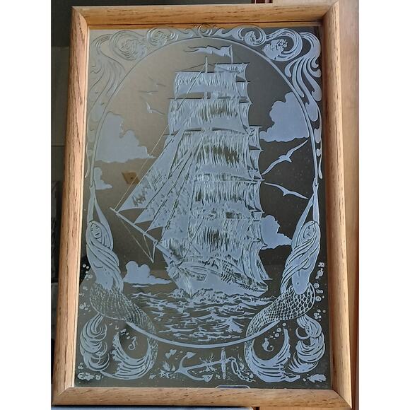 Vintage Etched Glass Framed Mirror Sailing Ship Mermaids MCM 19" H x 13" W - Picture 1 of 11